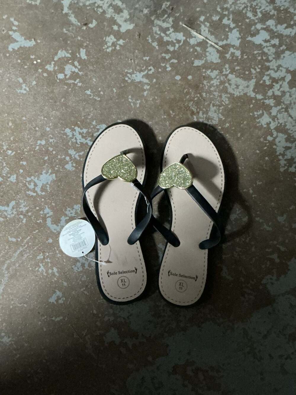 Sole Selection Black Thong Flip Flops with Glitter Heart Embellishment SIZE XL
